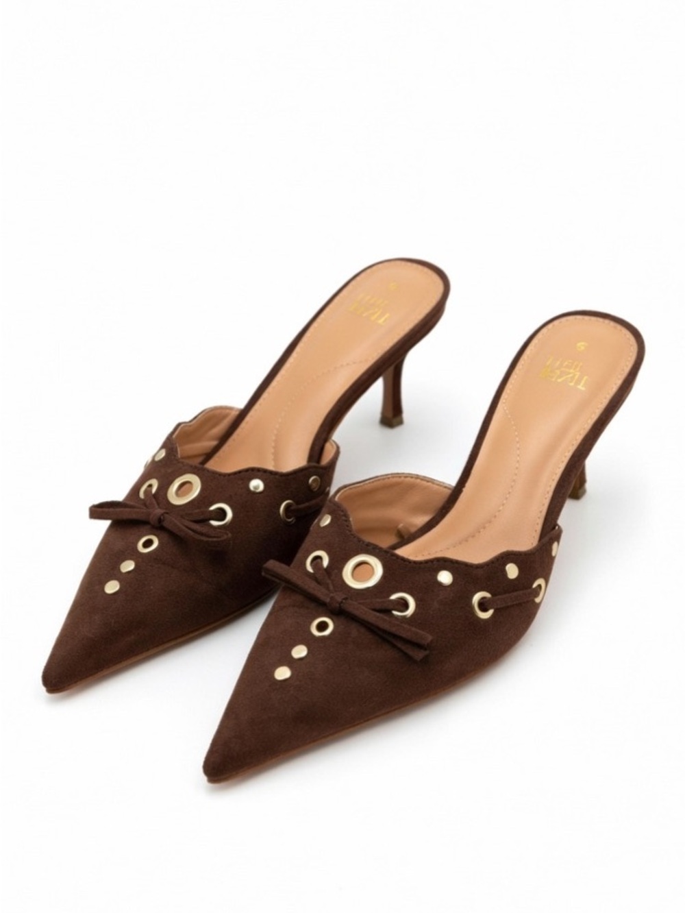 Time and Tru Brown Suede Pointed-Toe Mules with Gold Grommets